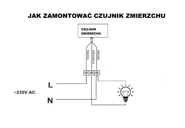 Schemat pokazuje, jak podłączyć czujnik zmierzchu. Brązowy przewód do fazy L, niebieski do neutralnego N, a żółto-zielony do czujnika.