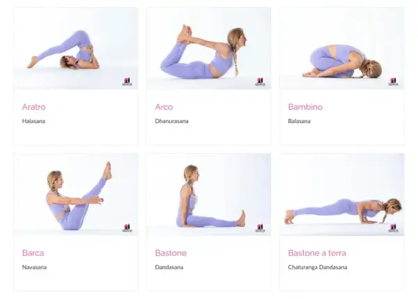 Donna in posizione supina esegue diverse posizioni yoga: Aratro, Arco, Bambino, Barca, Bastone e Bastone a terra.