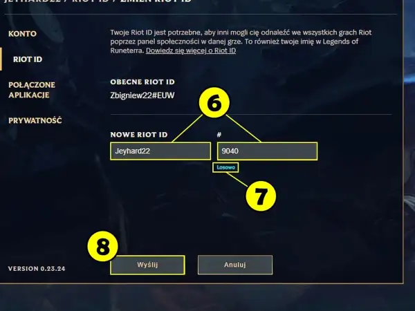 Ekran zmiany Riot ID w Valorant. Widzimy pole "NOWE RIOT ID" z wpisanym "Jeyhard22", gdzie można zmienić nick.