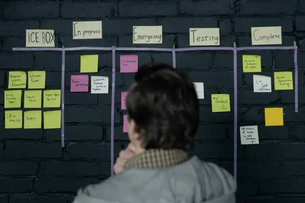 Tablica Kanban z karteczkami w różnych kolumnach: ICE BOX, In progress, Emergency, Testing, Complete.