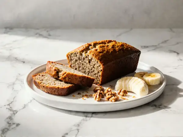 Chlebek bananowy z airfryera, pokrojony na kromki, z orzechami i plasterkami banana na talerzu.