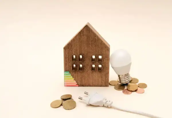 Drewniany domek z etykietą energetyczną, żarówką i monetami. Zastanawiasz się, ile prądu zużywa lampka nocna?