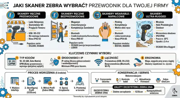 Skanery Zebra Ultra-Rugged, odporne na upadki i ekstremalne warunki, z klasą ochrony IP67/IP68, idealne do pracy w mroźniach i na halach produkcyjnych.
