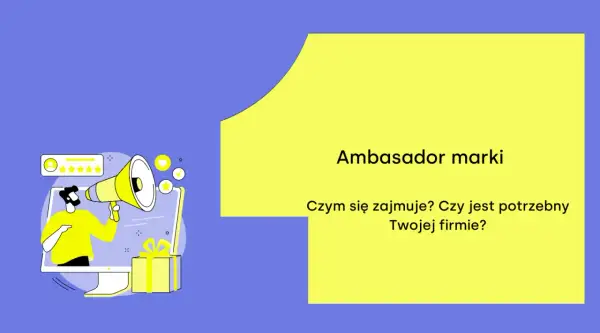 Grafika przedstawia ambasadora marki, który z megafonem wychodzi z ekranu komputera, zachęcając do oceny i promocji.