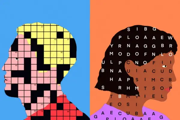 Twee profielen, één met een kruiswoordpuzzel in het gezicht, de ander met een woordzoekpuzzel. Hoe noem je iemand die altijd kritiek heeft?