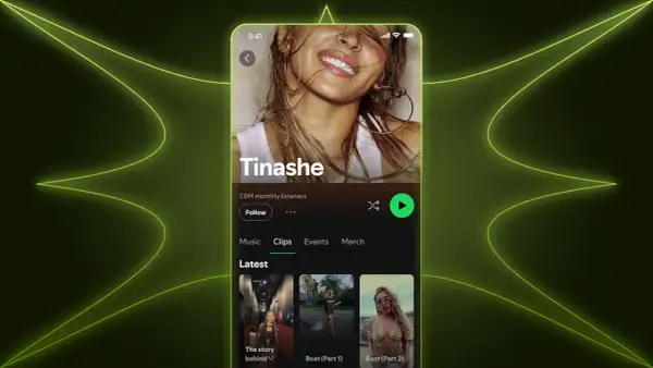 Tinashe's Spotify artist account shows her profile with 7.6M monthly listeners, featuring music, clips, events, and merch.