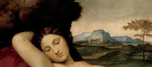 A sleeping Venus rests peacefully, her arm behind her head, amidst a serene landscape with distant mountains and a lone tree.