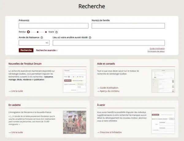 Interface de recherche généalogique avec champs pour prénom, nom, année et lieu de naissance. Une section "À venir" annonce une nouvelle fonctionnalité pour ad 79.