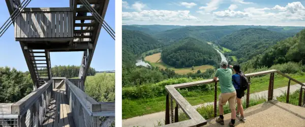 Vue panoramique d'une vallée verdoyante et d'une rivière, depuis une plateforme d'observation. Idéal pour une randonnée bouillon.