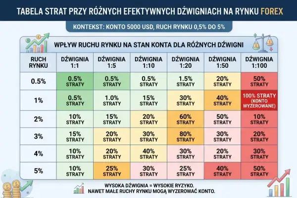 Tabela strat na rynku Forex przy różnych dźwigniach. Pokazuje, jak zacząć z dźwignią 1:100, by uniknąć 100% strat.