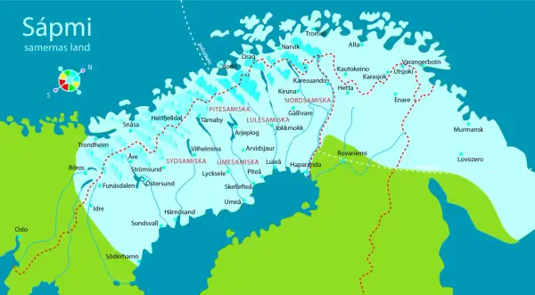 Karta över Sápmi, samernas land, med platser som Kiruna, Tromsö och Murmansk. Området visar spår av norrlands historia och samiska språk.