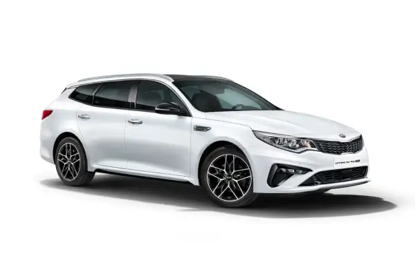 Biała Kia Optima SW GT Line z czarnym dachem i felgami. Idealna do rodzinnych podróży, sprawdź kia optima dane techniczne.