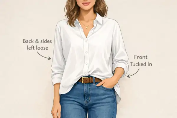 Frau mit weißer Bluse und Jeans. Die Bluse ist vorne gesteckt (french tuck), hinten und an den Seiten locker.