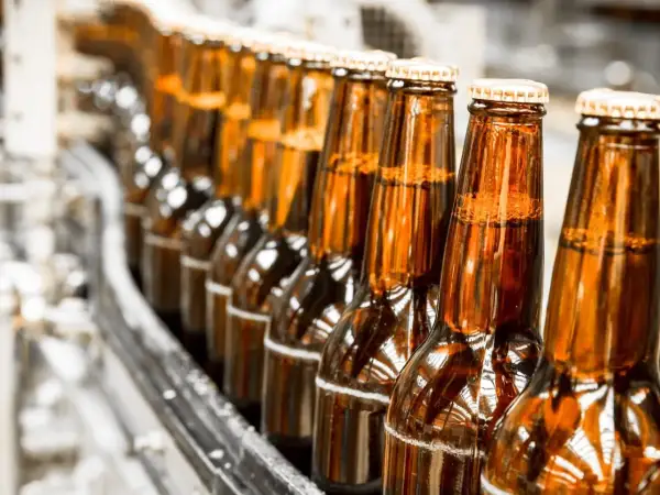 Szklane butelki piwa bezalkoholowego na linii produkcyjnej. Czy piwo bezalkoholowe jest zdrowe? To pytanie nurtuje wielu konsumentów.