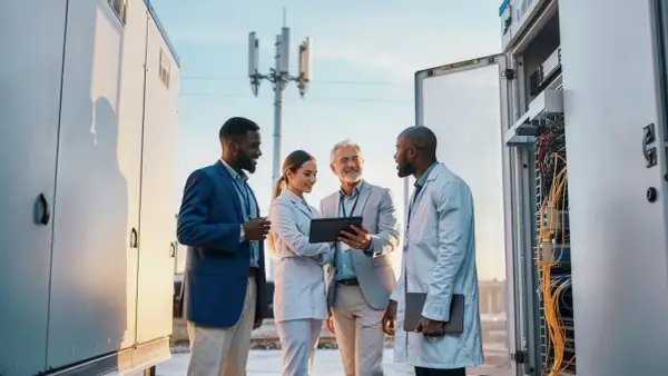 Ingenieros revisan equipo de telecomunicaciones, como si estuvieran a punto de cortar lazos energéticos entre dos personas.