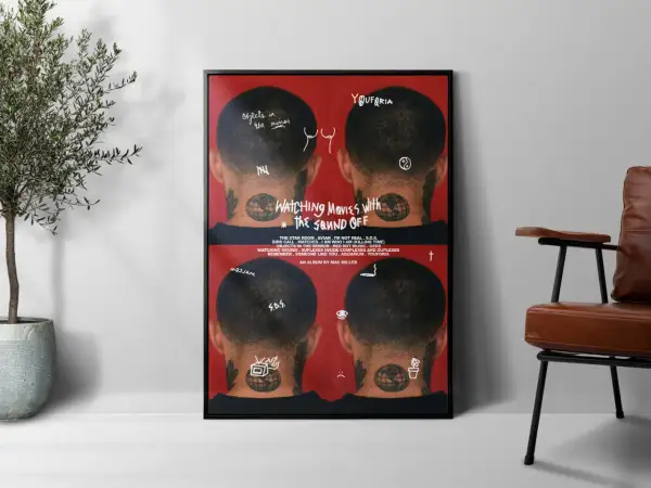 Plakat z albumem Mac Millera "Watching Movies with the Sound Off". Cztery zdjęcia tyłu głowy z tatuażami, napisy "Objects in the mirror", "YOUFORIA", "S.O.S.". Euforia w muzyce.