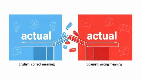 Ilustración que muestra la palabra "actual" en azul (significado correcto en inglés) y en rojo (significado erróneo en español), con un puente roto entre ellas, simbolizando los falsos amigos en inglés.