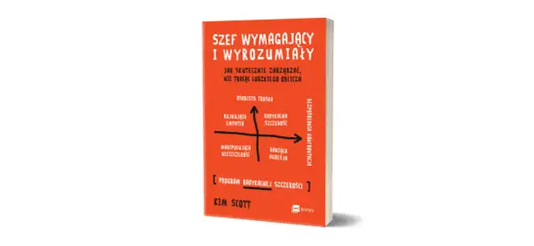 Książka "Szef wymagający i wyrozumiały" Kim Scott. Na okładce schemat zarządzania: osobista troska vs. bezpośrednia konfrontacja.