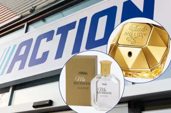 Złota butelka perfum Lady Million Lucky i perfumy Ma Richesse na tle sklepu Action.