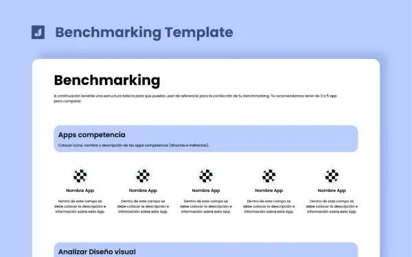 Plantilla para web benchmarking con secciones para analizar apps competencia y diseño visual.
