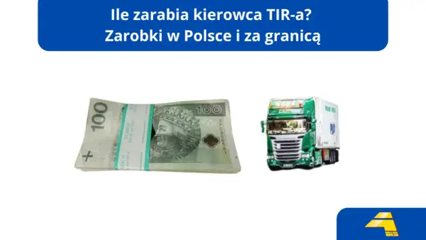 Ile kierowca tira ma za kilometr? Stos banknotów 100 zł i zielona ciężarówka sugerują zarobki w transporcie.