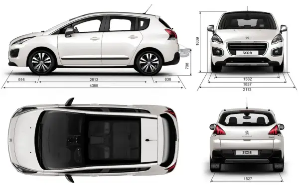 Biały Peugeot 3008 z 2010 roku widziany z przodu, boku, tyłu i z góry, z wymiarami.