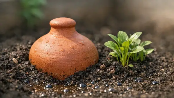 Olla en terre cuite arrosant un jeune plant. Le sol argileux, avec ses avantages et inconvénients, retient l'eau.