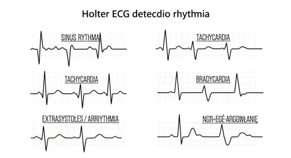 Przykłady zapisu EKG z monitorowania Holterem: rytm zatokowy, tachykardia, bradykardia, ekstrasystole, arytmia.