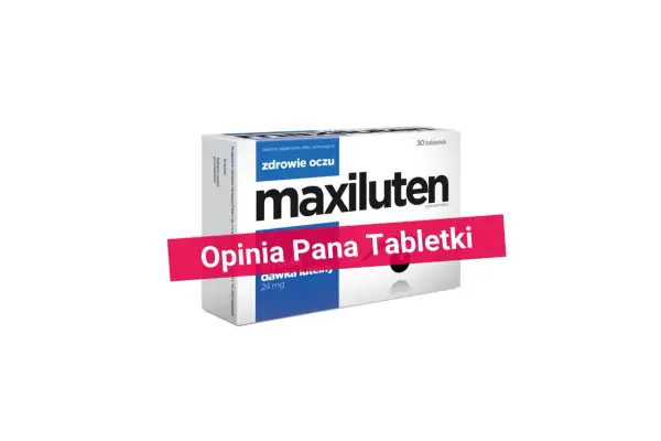 Maxiluten - czy poprawia wzrok? Opakowanie suplementu diety na zdrowe oczy, z hasłem "Opinia Pana Tabletki".