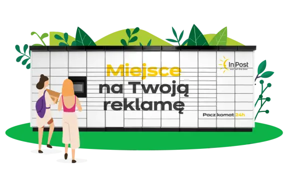 Paczkomat InPost z napisem "Miejsce na Twoją reklamę". Dwie kobiety odbierają paczkę. Idealne miejsce na reklamę firmy w internecie.