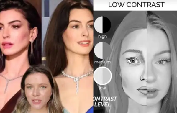 Anne Hathaway, avec son teint pâle, est montrée à côté d'une illustration de visage divisée, démontrant les niveaux de contraste.