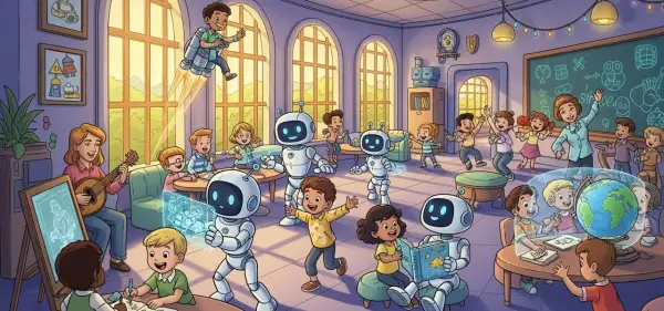 Kinder lernen in einer lebendigen Klasse mit Robotern und einer Lehrerin, die Gitarre spielt. Ein Junge fliegt mit einem Jetpack. Dies ist eine Vision der Schule in der Zukunft.