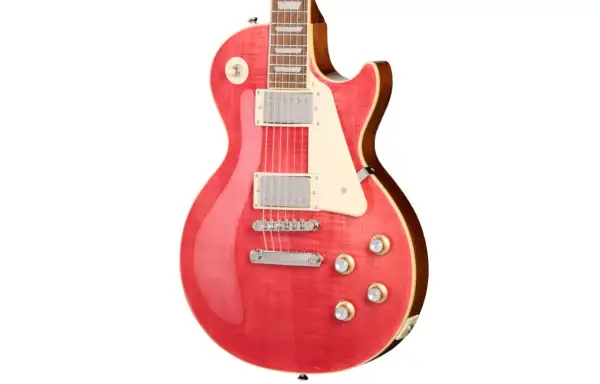 Czerwony Gibson Les Paul z kremowym pickguardem i chromowanymi przetwornikami.