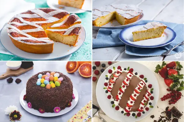 I migliori dolci di Pasqua: crostate decorate, torta al cioccolato con uova e un dolce a forma di uovo con frutta fresca.