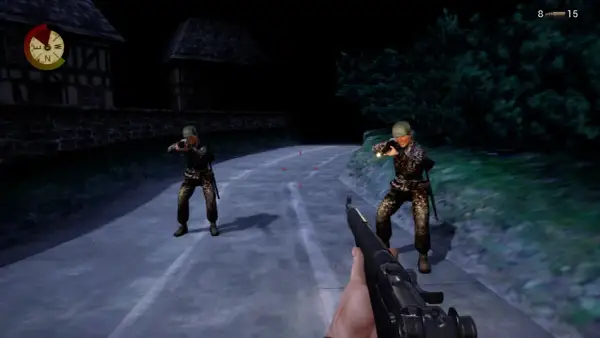 Dwóch żołnierzy w ciemności, jeden z latarką, gotowi do akcji w grze Medal of Honor.