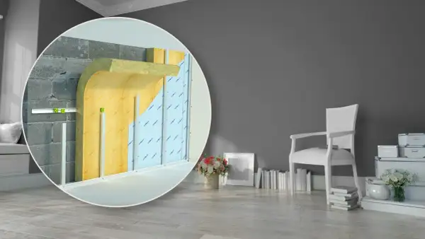 Dettaglio tecnico di un sistema di isolamento acustico per pavimenti, con strati di lana minerale e pannelli isolanti.
