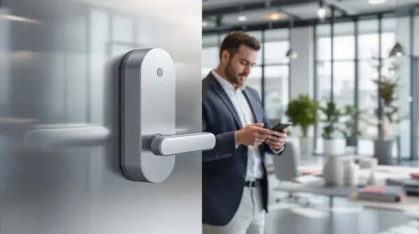 Une poignée de porte moderne avec une serrure connectée. Un homme d'affaires consulte son téléphone, symbolisant l'arrivée autonome.