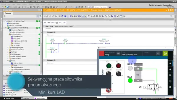 Programowanie PLC Siemens: sekwencyjna praca siłownika pneumatycznego w kursie LAD. Symulacja w RT Simulator.