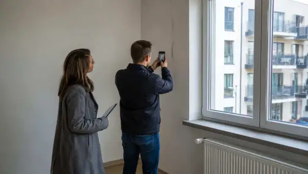 Mężczyzna robi zdjęcie pęknięcia na ścianie, kobieta trzyma dokumenty. To przykład sytuacji, gdy przyda się wiedza, co to jest rękojmia.