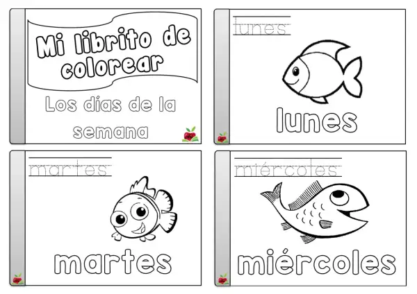 Fichas para colorear de los días de la semana con peces: lunes, martes y miércoles.
