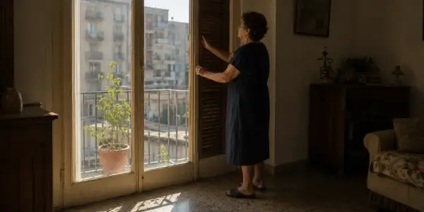 Donna chiude le persiane per capire come rinfrescare casa senza condizionatore, creando un'ombra accogliente.