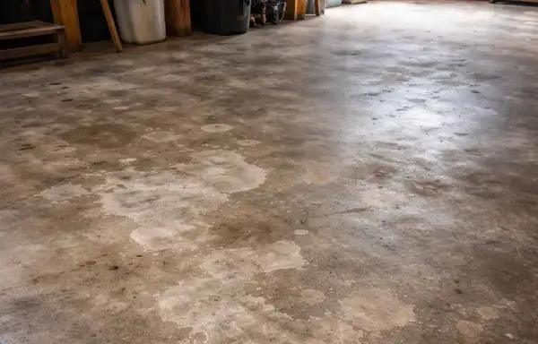 Pavimento esterno in cemento con macchie evidenti, pronto per essere pulito con acido muriatico per rimuovere le incrostazioni.