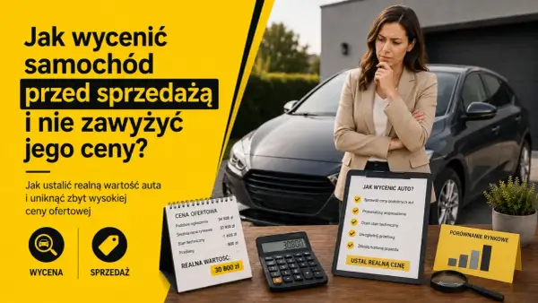 Kobieta zastanawia się, jak sprawdzić wartość rynkową pojazdu. Na stole kalkulator, notatki z cenami i lupa.