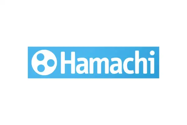 Logo Hamachi z trzema białymi kropkami w okręgu i napisem "Hamachi" na niebieskim tle.