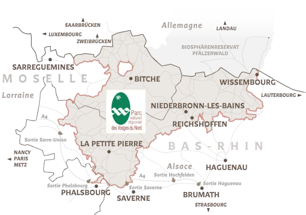 Carte du Parc naturel régional des Vosges du Nord, idéal pour une randonnée 3 jours Vosges du Nord. Découvrez Bitche, La Petite Pierre, Wissembourg.