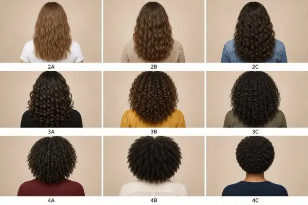 Przegląd typów skrętu włosów: od delikatnych fal (2A-2C) po sprężyste loki (3A-3C) i mocno skręcone afro (4A-4C).