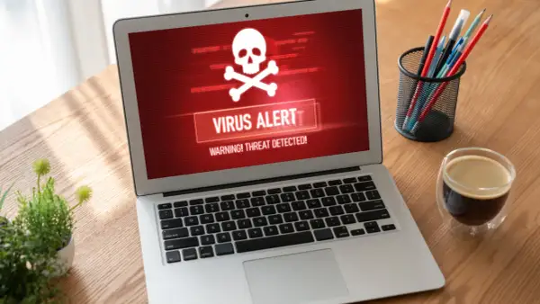 Laptop z czerwonym ekranem i ostrzeżeniem "VIRUS ALERT". To pokazuje, co robi trojan: infekuje system i wyświetla alarm.