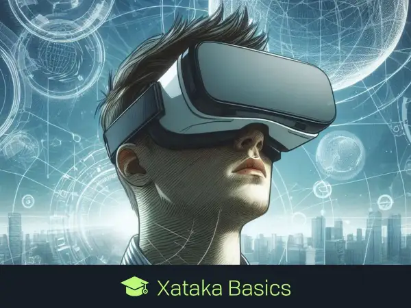 Un hombre con gafas de RV explora un mundo digital, ilustrando qué es el metaverso y cómo funciona.