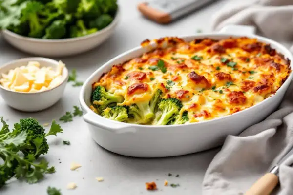 Un délicieux gratin de brocolis tout juste sorti du four, gratiné à souhait et parsemé de persil frais. À côté, un bol de fromage râpé et des bouquets de brocolis crus.