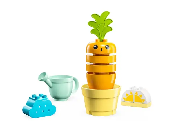 Zestaw z zabawkami: uśmiechnięta lego duplo marchewka w doniczce, niebieska chmurka, konewka i słońce.
